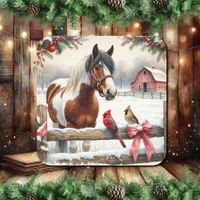 Spotted Pinto Horse and Cardinals Christmas Square Sticker