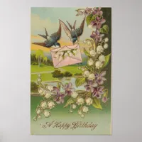 Vintage Birthday Birds Purple Flowers Poster