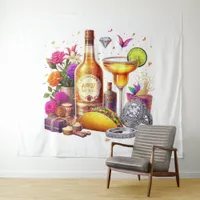 Bright Fiesta Floral Taco & Tequila Wedding Decor Tapestry