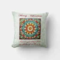 Green Glitter Effect Stained Glass Floral Mandala Throw Pillow