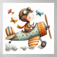 Whimsical Children's Art Child Flying Old Airplane Poster