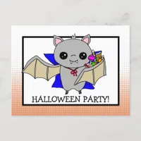 Halloween Party Invitation with Bat Holding Candy Postcard