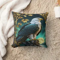 Eagle Perched on Rock by Moonlit Lake Throw Pillow