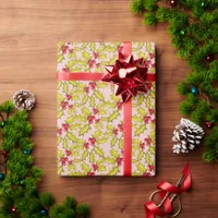 Holly and Berries on Pink Festive Whimsy Christmas Wrapping Paper