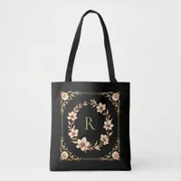 Customizable Elegant Gold Floral & Leaf Monogram Tote Bag