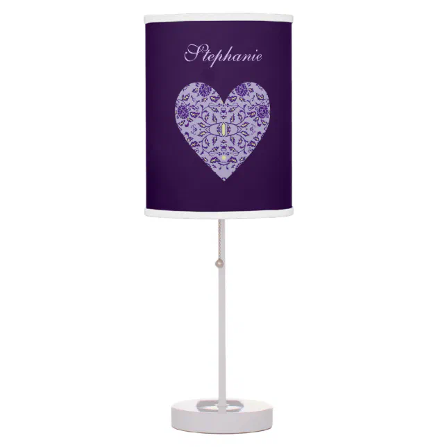 Elegant Flowery Purple Damask Heart Table Lamp