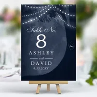 Rustic Tree String Lights Carved Initials Navy Table Number