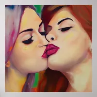 Watercolor Pride Two Women Share a Kiss Poster