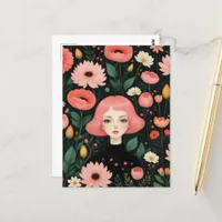 Adorable Girl With Pink Hair in the Flowers Postcard