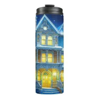 Joyeux No&#235;l Pretty Blue Christmas House Thermal Tumbler