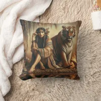 Native American Woman Sitting By Tiger Near Water Throw Pillow