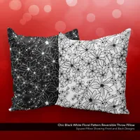 Chic Black White Floral Pattern Reversible Throw Pillow