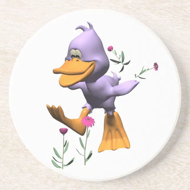 Cute Happy Cartoon Duck Running Through Flowers Coaster