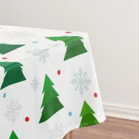 Christmas tree forest, snowflakes and red blue dot tablecloth