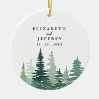 Rustic Watercolor Pine Forest Winter Wedding   Ceramic Ornament