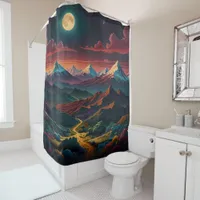 Mountain Top View Over Valley with Distant Moon  Shower Curtain