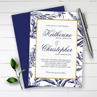 Elegant Vintage Navy Blue Gold Botanical Wedding Invitation