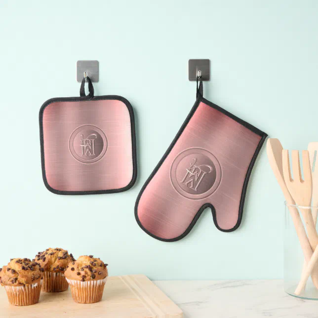 Metallic Pink Steel Engraved Monogram Oven Mitt & Pot Holder Set