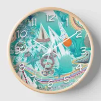 Sailboats and Sea Creatures Abstract Beachy Art Clock