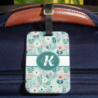 Pretty Blue and Pink Pastel Folk Art Flowers Luggage Tag