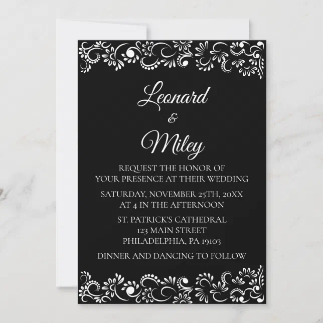 Elegant simple black and white floral wedding invitation