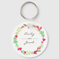 Elegant Pink Floral Wreath White Name of Couple Keychain