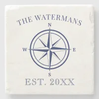 Nautical Compass Rose Navy Blue Family Name Stone Coaster