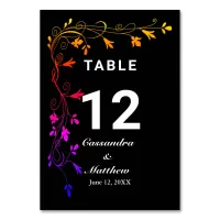 Colorful Floral Vines on Black Background Wedding Table Number