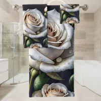 Gorgeous white roses with golden details bath towel set