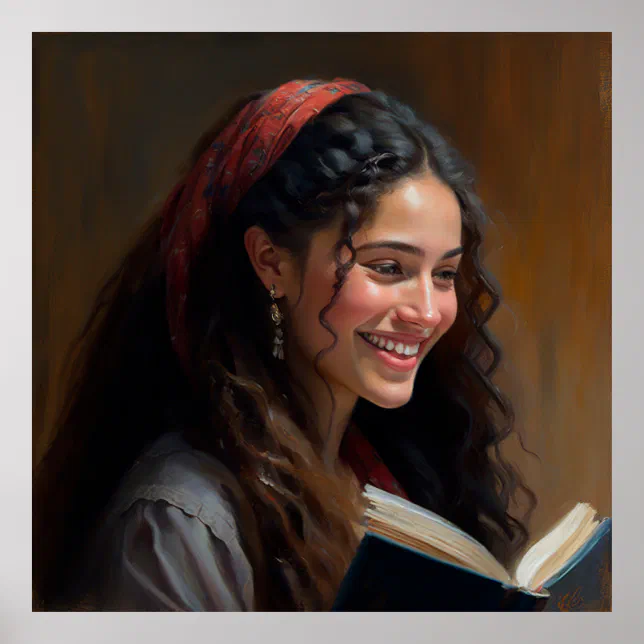 Israeli Woman Reading a Book Portrait Oil Painting Poster