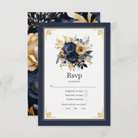 Navy Blue and Gold Floral Wedding RSVP Card