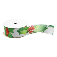 Holly Leaves, Berries, Red, Green Floral Christmas Grosgrain Ribbon