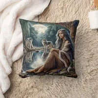 Native American Woman Sitting By Moonlit Water Throw Pillow