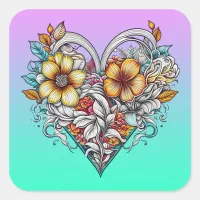 Floral Heart Romantic Square Sticker