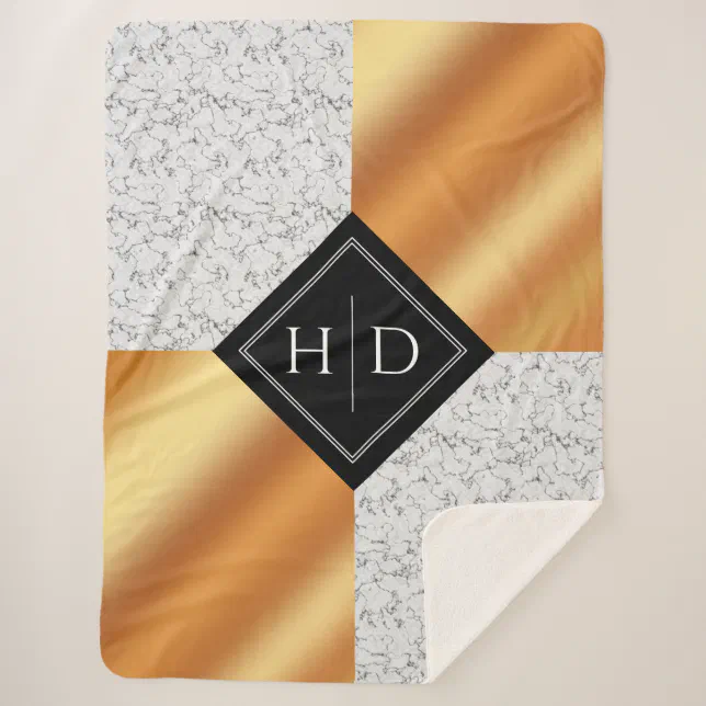 Elegant Marble & Copper Foil Monogram Wedding Sherpa Blanket