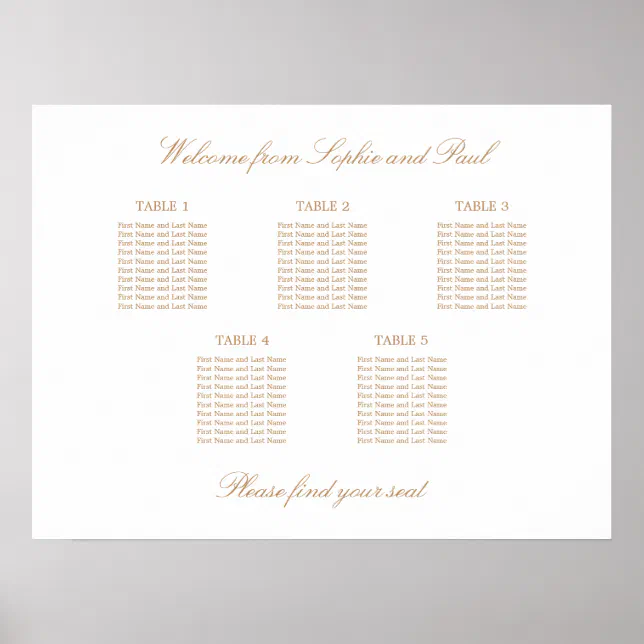 Golden Beige 5 Table Wedding Seating Chart Poster