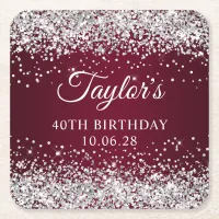 Silver Glitter Burgundy Ombre 40th Birthday Square Paper Coaster