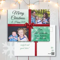 Merry Christmas Family Photo Burgundy Bow Holiday Postcard