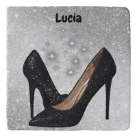 Black Glitter High Heel Shoe on Silver | Trivet