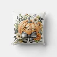 Fall Orange Pumpkin with Checked Bow Throw Pillow