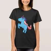 Unicorn Blue Patriotic USA Flag Mane Cartoon T-Shirt