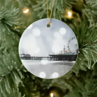 Santa Monica Pier - Grey Sparkles Photo Edit Ceramic Ornament