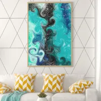 Teal, Blue and Black Fluid Art Marble Swirls   Canvas Print