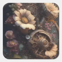 Copper Steampunk White Flowers Unique Wedding   Square Sticker