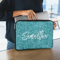 Dark Turquoise Glitter Brush Script Name Laptop Sleeve