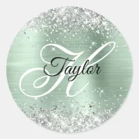 Silver Glitter Pale Mint Foil Fancy Monogram Classic Round Sticker