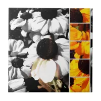 Monochrome and Yellow Black-eyed Susans Ceramic Tile