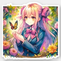 Anime Girl and Butterfly Watercolor Ai Art Sticker