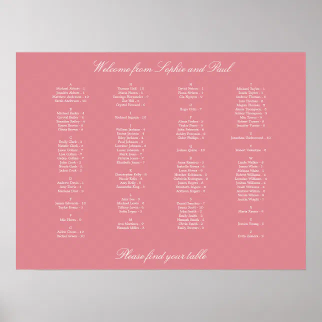 Blush Pink Alphabetical Seating Chart Poster