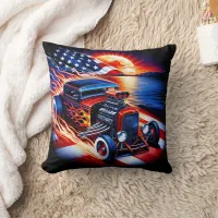 Vintage hot rod racing at sunset near the lake throw pillow